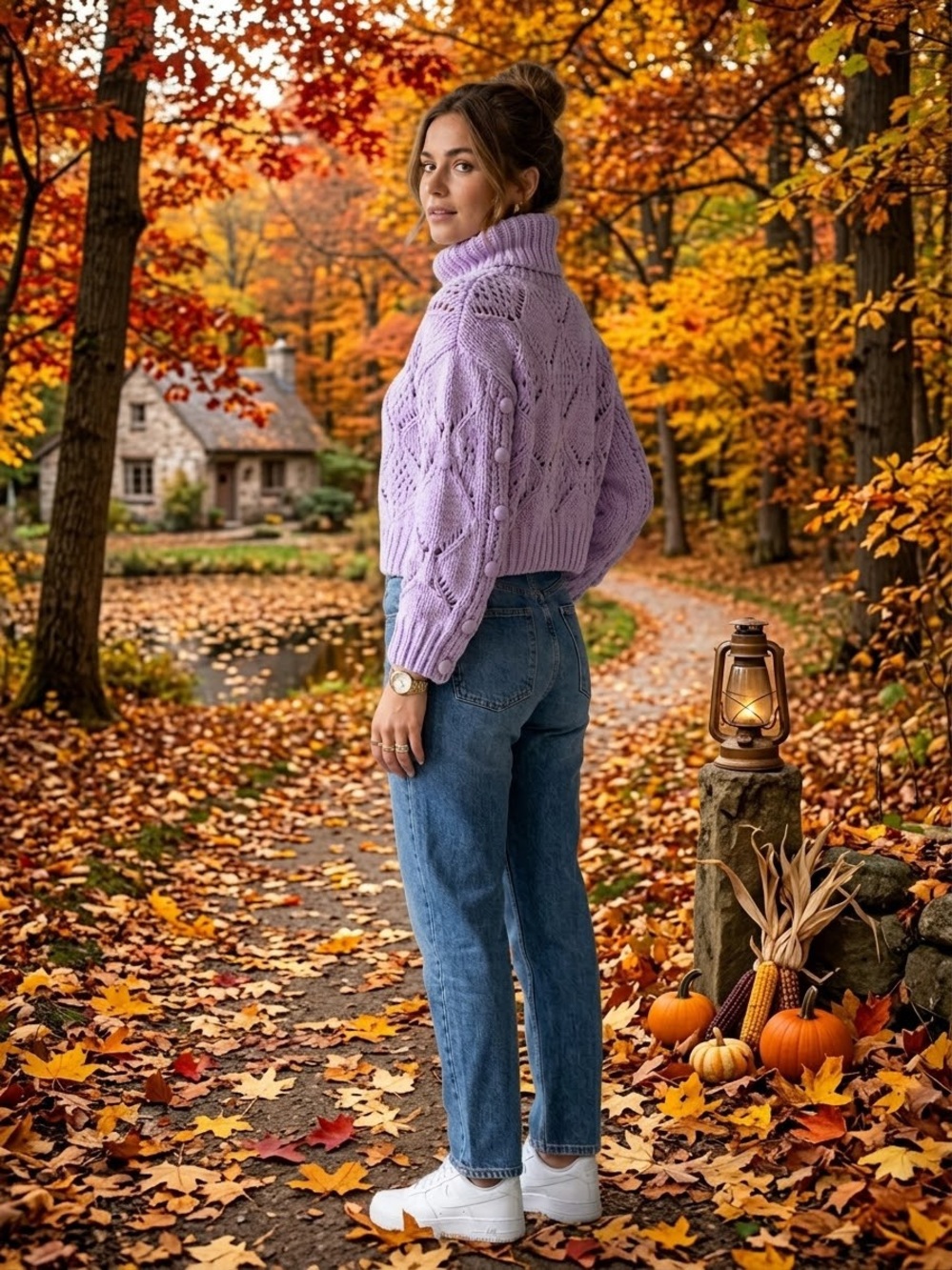 POL Lavender Purple Chunky Knit Cropped cowl Turtleneck Sweater open stitch M